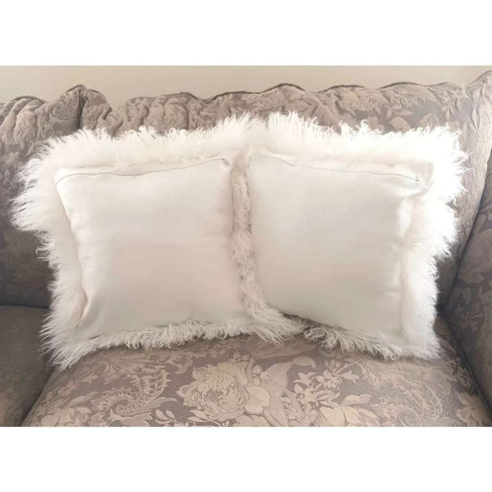 Crate & Barrel White Mongolian Sheep Fluffy Fur 16X16 Set/2 Pillow Shams